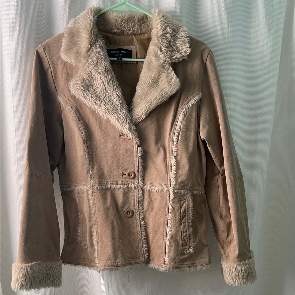 Vintage Marcelle Renée Faux Shearling Jacket | Tan Suede Look | Size L